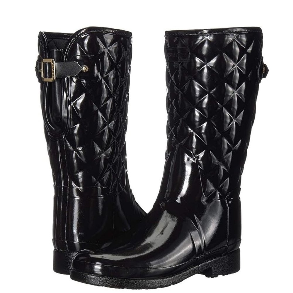 HUNTER Refined Gloss Quilted Short Waterproof Boot Black (Charcoal) Size 8